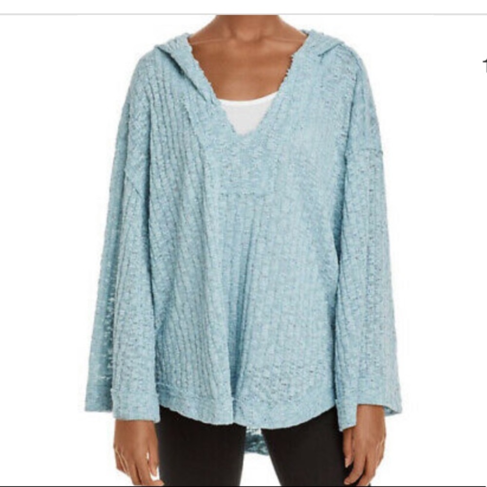 Free People Light Blue Hooded V-Neck Oversized Pullover